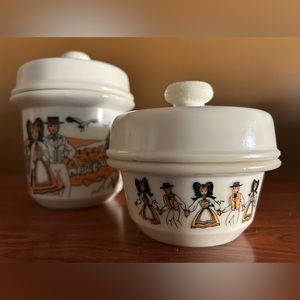 Vintage Opalex Dutch Folk Art Glass Jar Set *has flaws / repaired